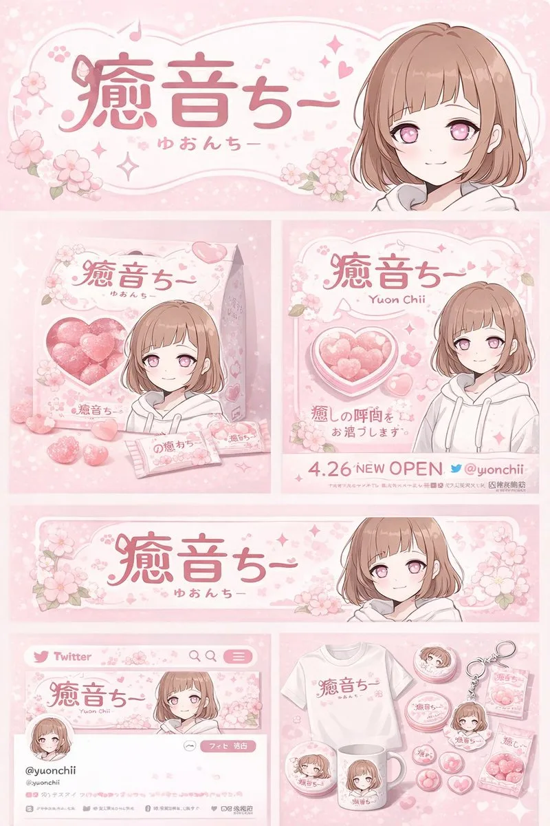 Kawaii anime brand identity board with pink cherry blossom theme and merchandise mockups.