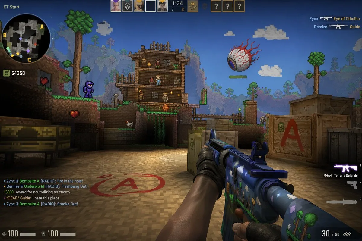 Counter Strike characters fighting in a 2D Terraria sandbox world.
