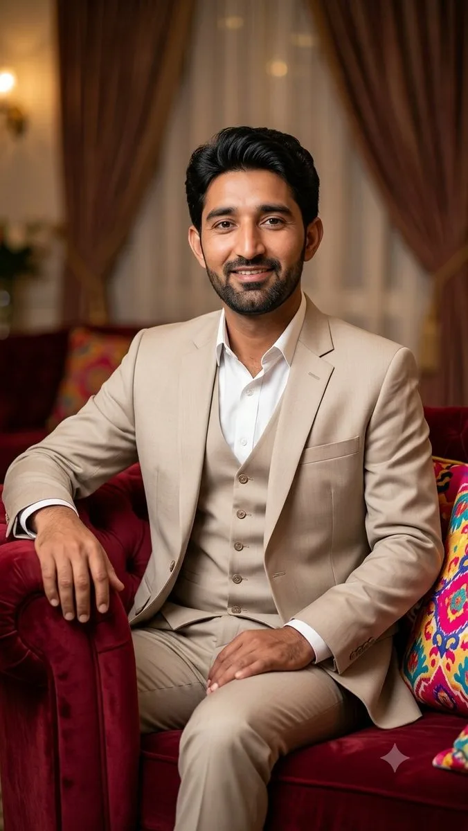 A handsome young man in a beige suit sitting on a red velvet sofa.