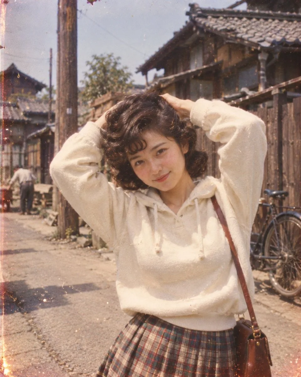 Young woman in a hoodie smiling in a traditional Japanese alleyway with vintage film grain.