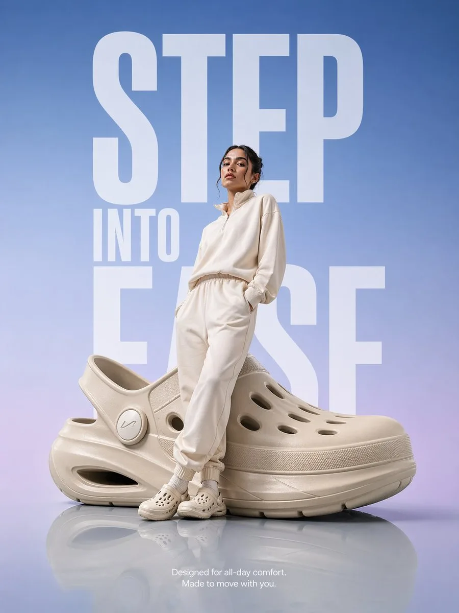 A model leaning against an oversized futuristic comfort clog in a luxury studio setting.
