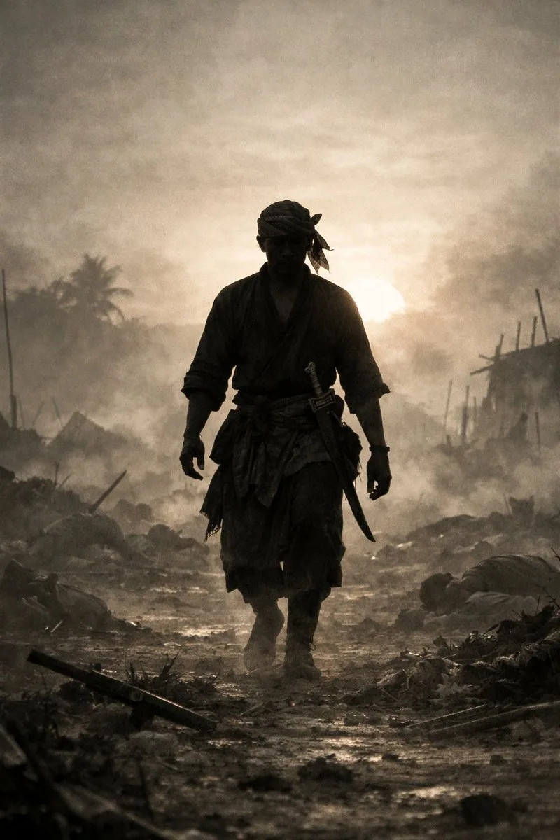A silhouette of a Javanese warrior walking across a misty, battle-scarred landscape at dawn.