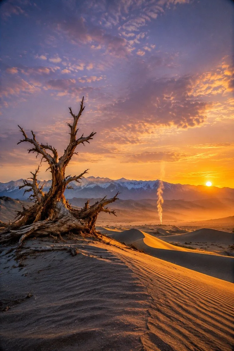 Solitary smoke rising behind desert dunes with a dead tree in the foreground at dusk.