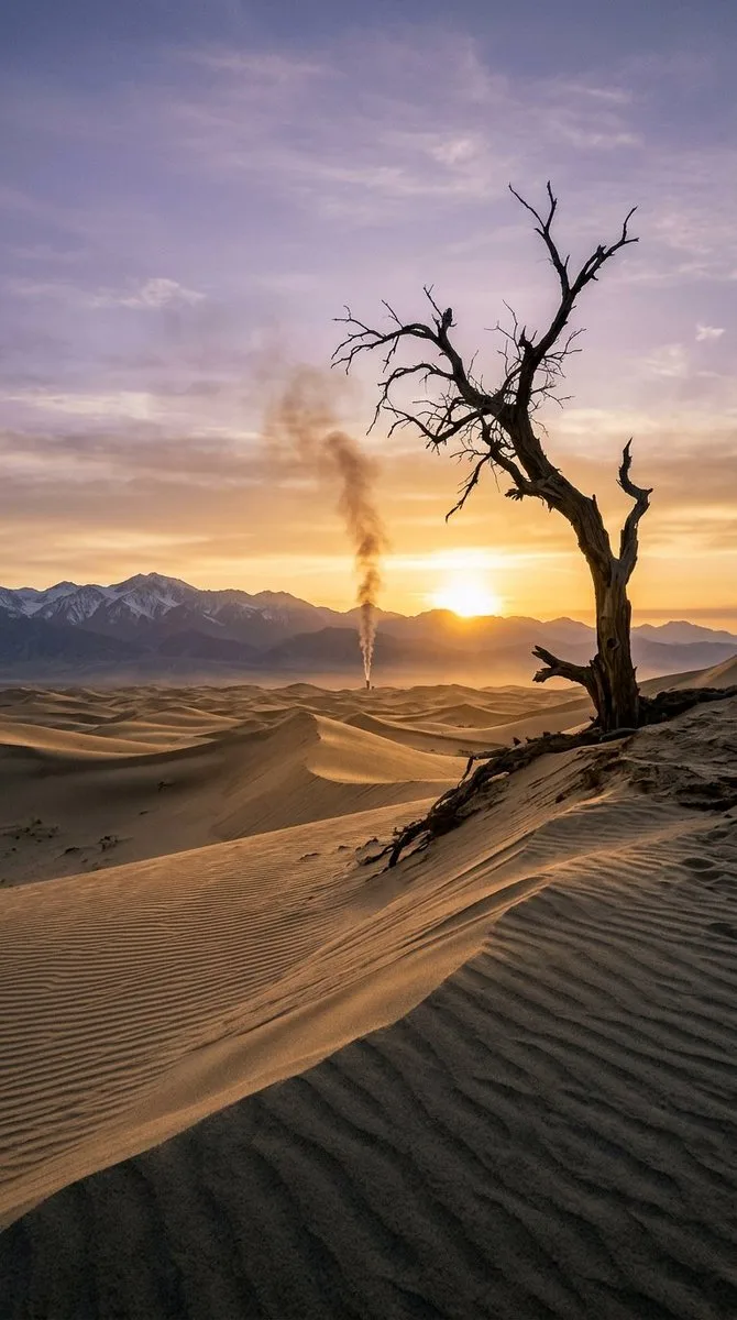 Solitary smoke rising behind desert dunes with a dead tree in the foreground at dusk. (2)