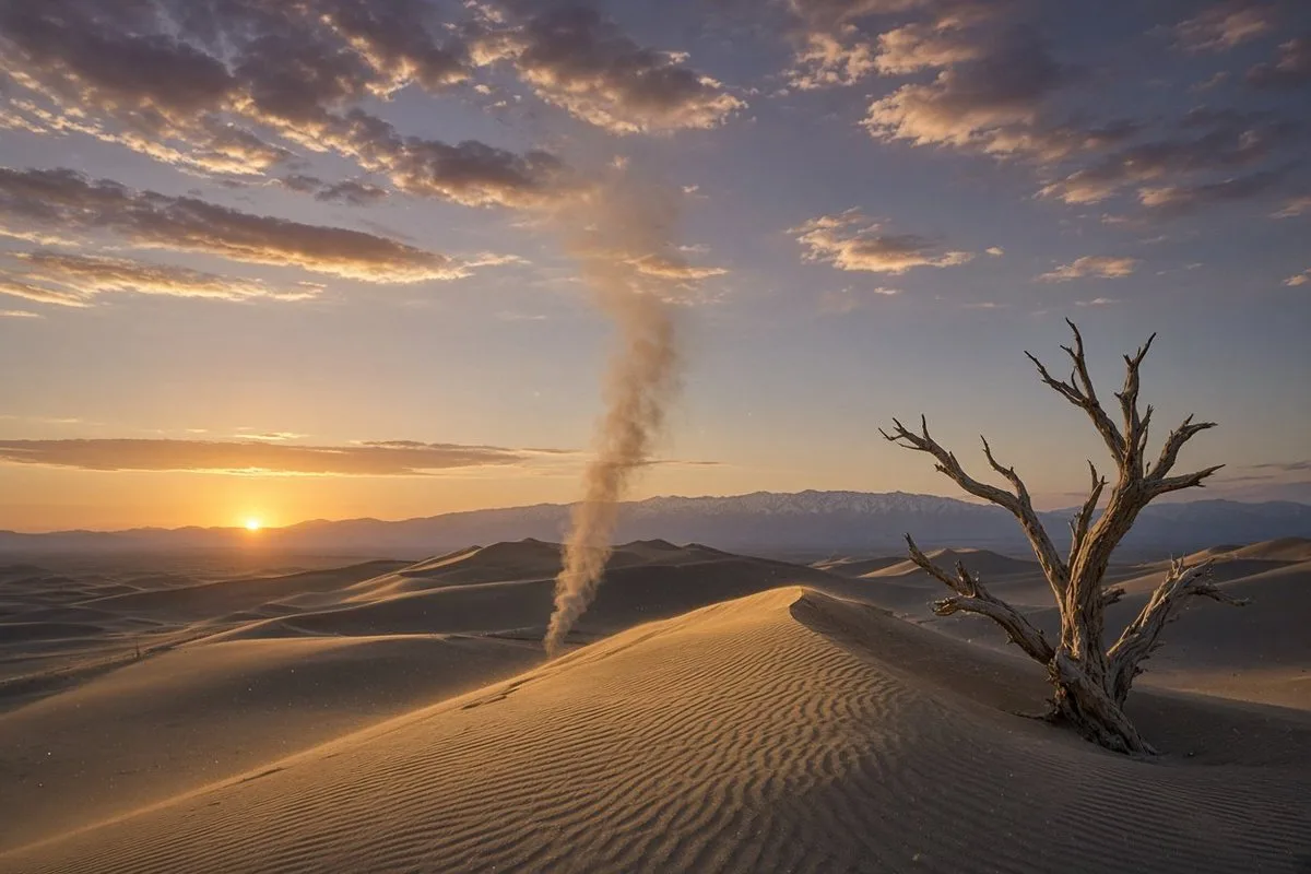 Solitary smoke rising behind desert dunes with a dead tree in the foreground at dusk. (3)