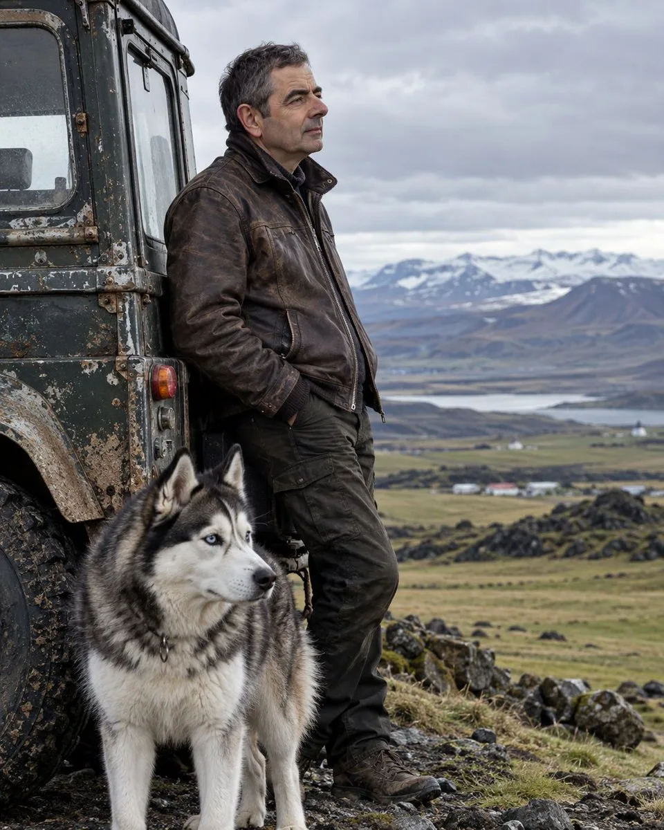 A man in a leather jacket standing with a Siberian Husky by a vintage vehicle in Iceland.