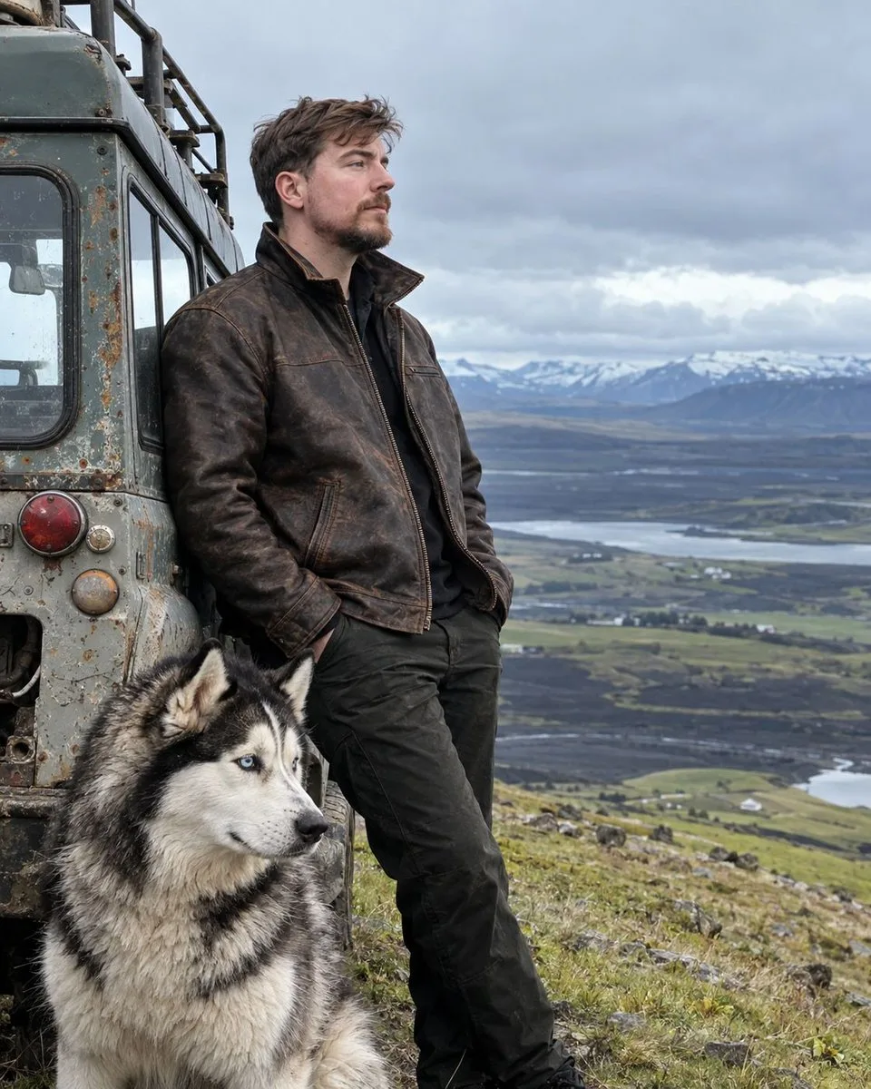 A man in a leather jacket standing with a Siberian Husky by a vintage vehicle in Iceland. (2)
