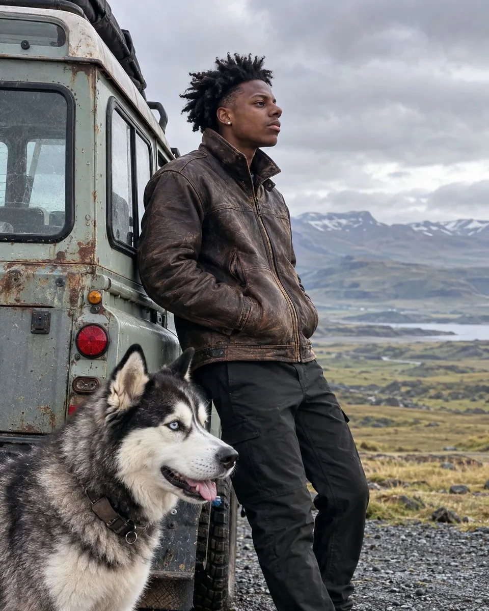 A man in a leather jacket standing with a Siberian Husky by a vintage vehicle in Iceland. (3)