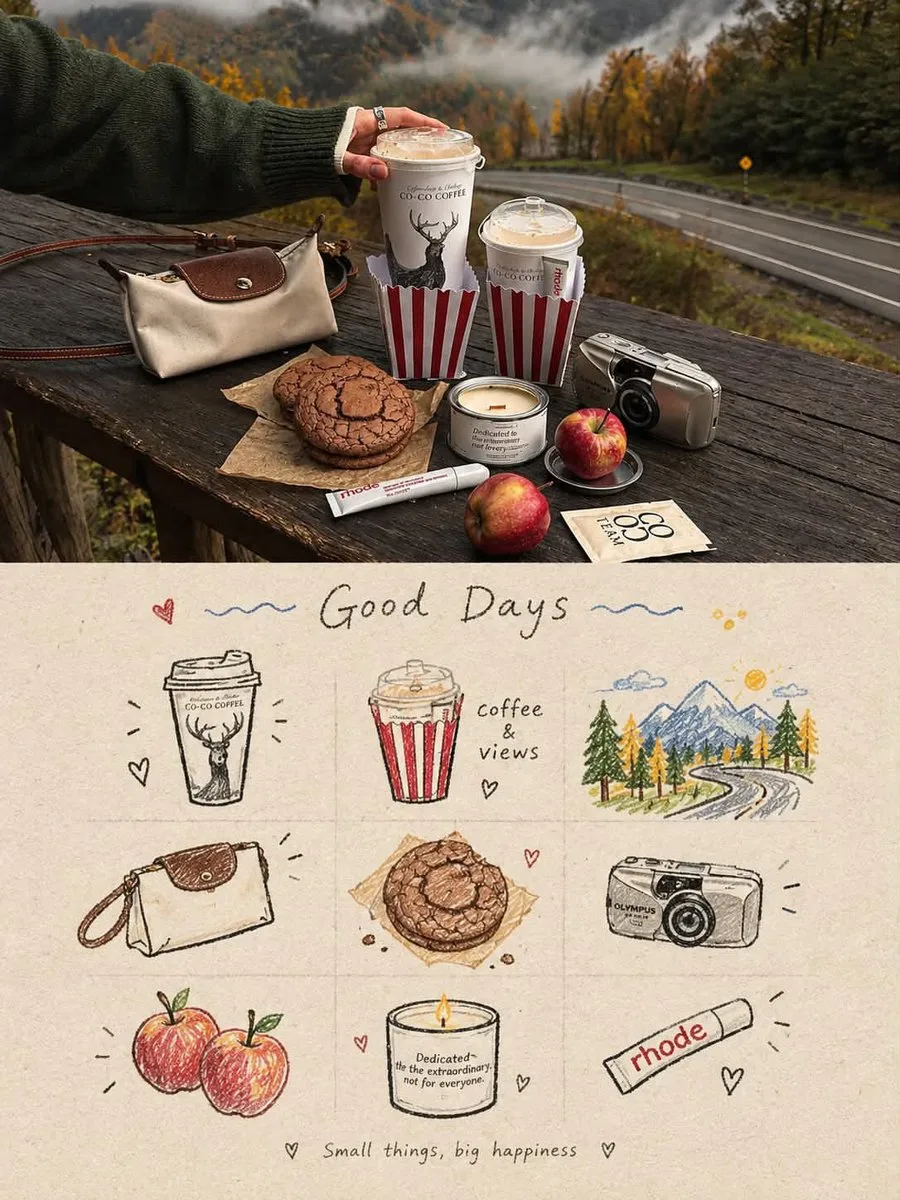A split-view image with a realistic film photograph above and a hand-drawn scrapbook illustration below. (2)