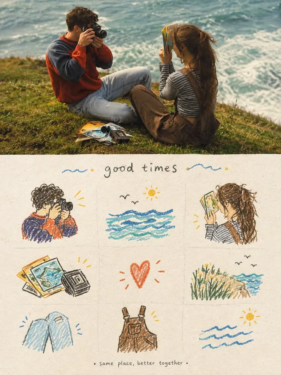 A split-view image with a realistic film photograph above and a hand-drawn scrapbook illustration below. (3)