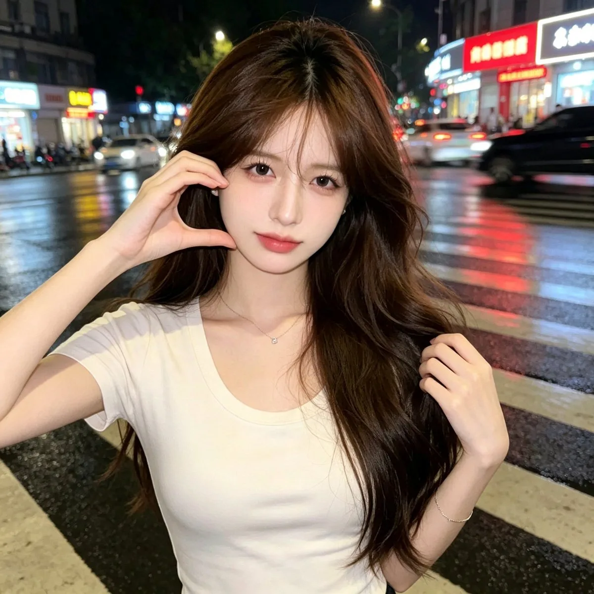 Korean woman with dark wavy hair smiling under night city neon lights with direct flash.