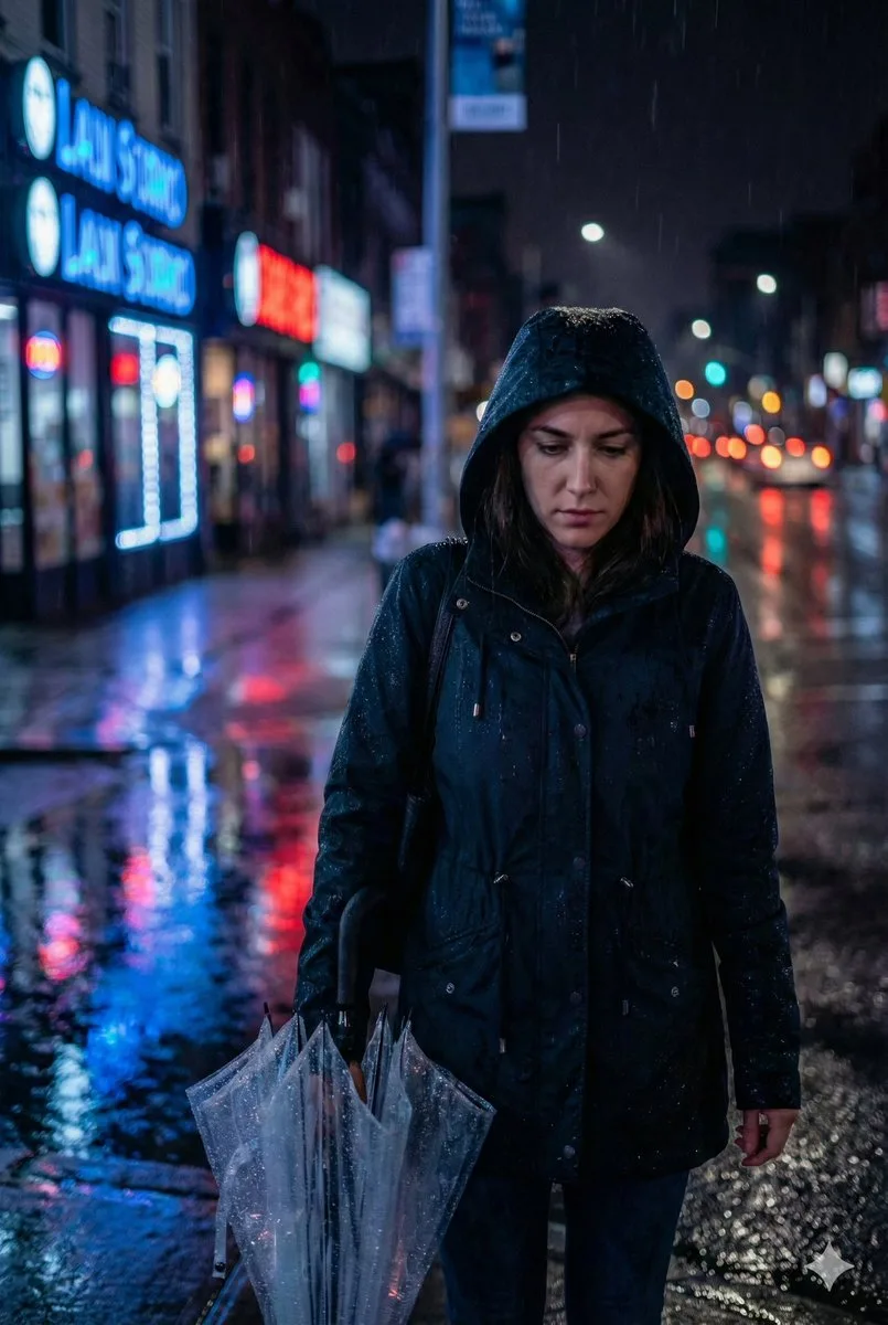 A woman walking on a rainy neon-lit city street at night with cinematic blue and red reflections.