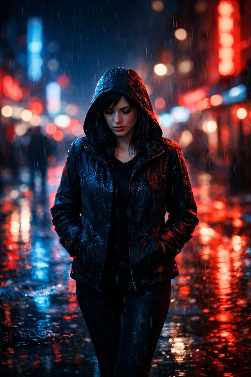 A woman walking on a rainy neon-lit city street at night with cinematic blue and red reflections. (2)