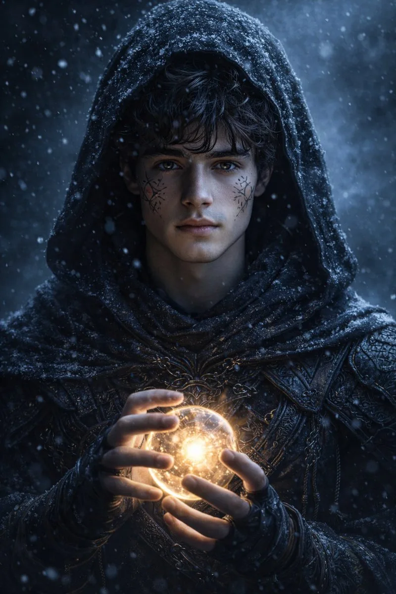 A hooded mage with runic tattoos holding a glowing magical orb in a snowy forest.