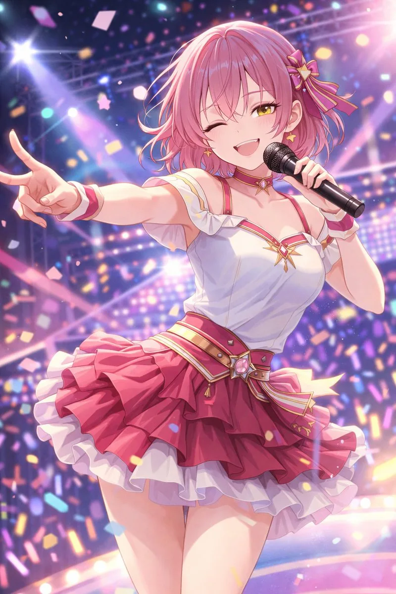 A simplified pastel illustration of a singer making a heart shape on stage.