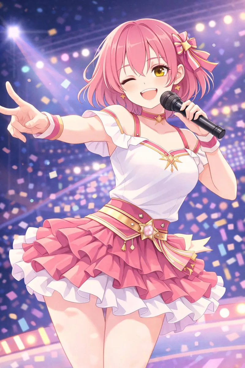 A simplified pastel illustration of a singer making a heart shape on stage. (2)