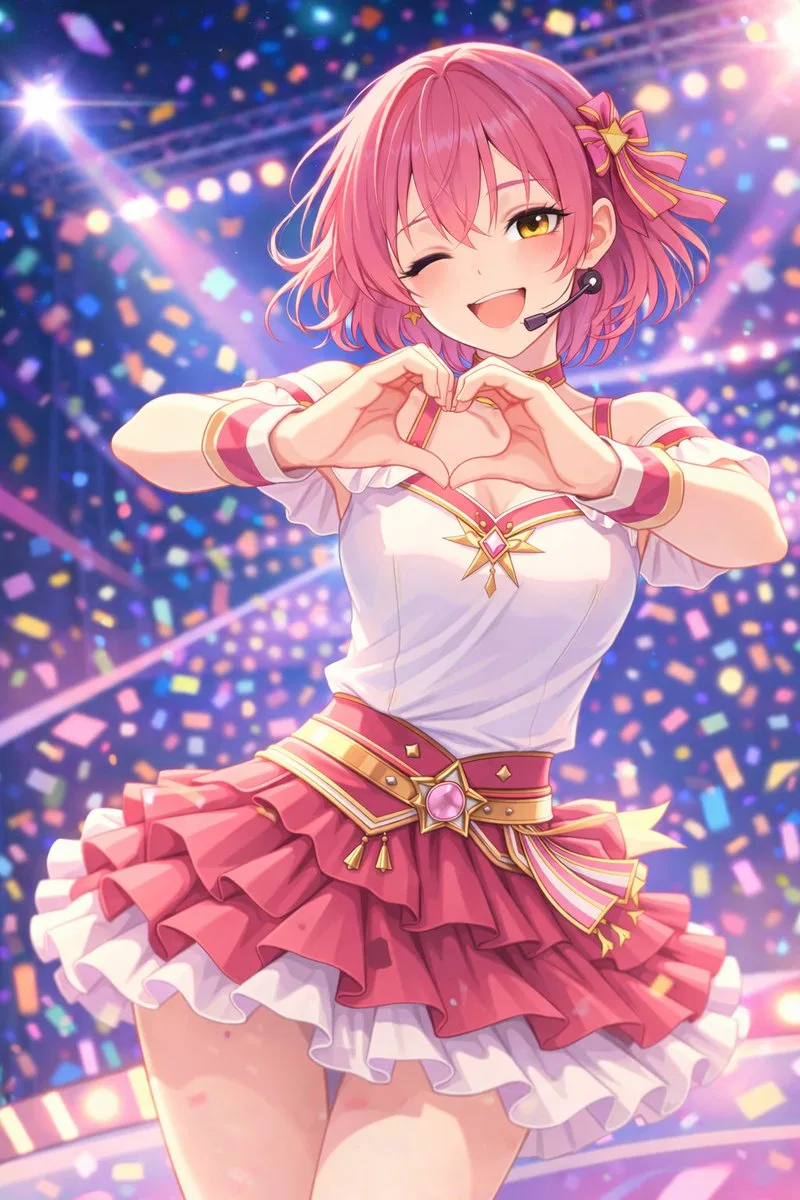 A simplified pastel illustration of a singer making a heart shape on stage. (4)