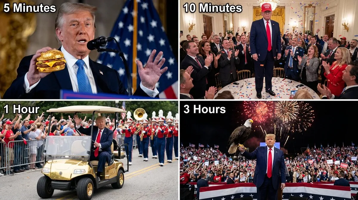 A surreal sequential image set showing an escalating crazy story over time.