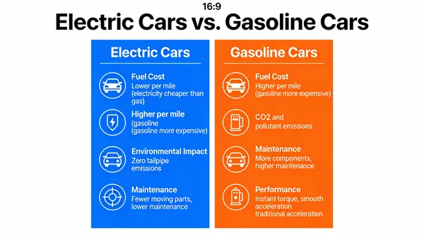 Infographic comparing electric and gasoline cars with icons and data