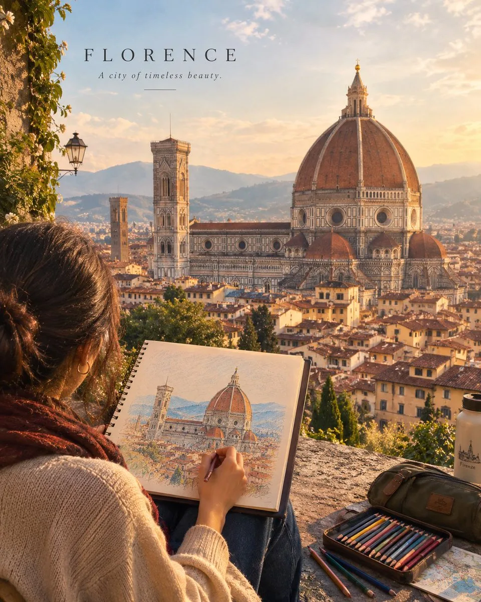An artist sketching a famous landmark in a sketchbook during golden hour.
