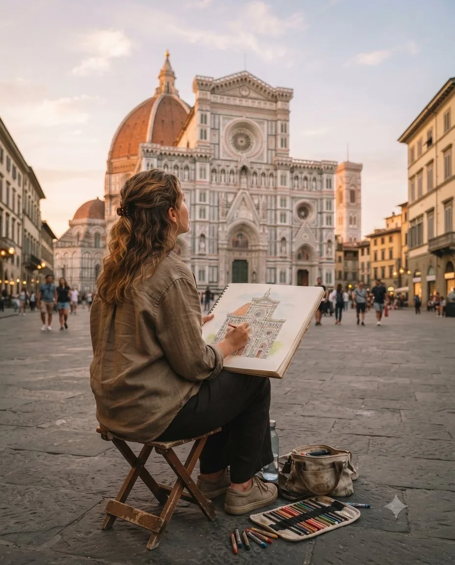 An artist sketching a famous landmark in a sketchbook during golden hour. (2)
