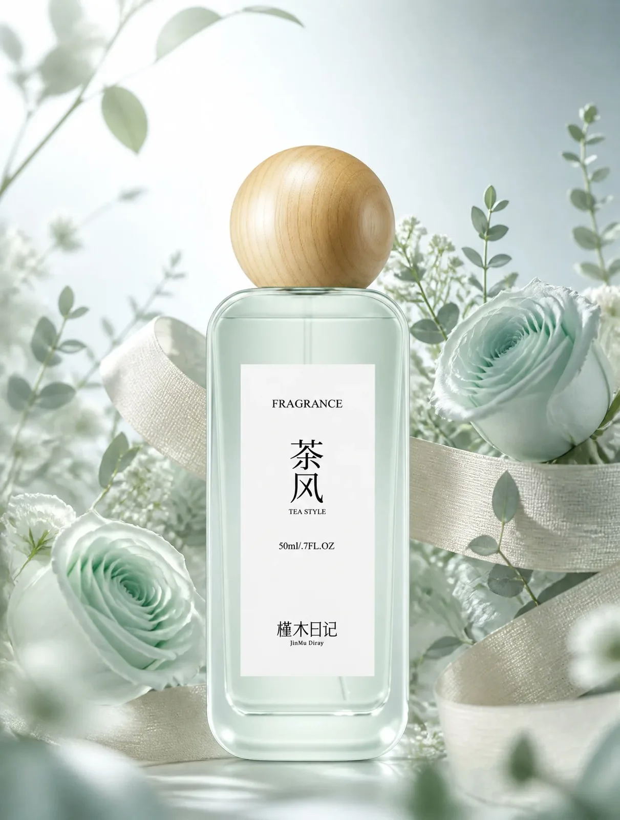 Mint green perfume bottle with wooden cap surrounded by roses and greenery.