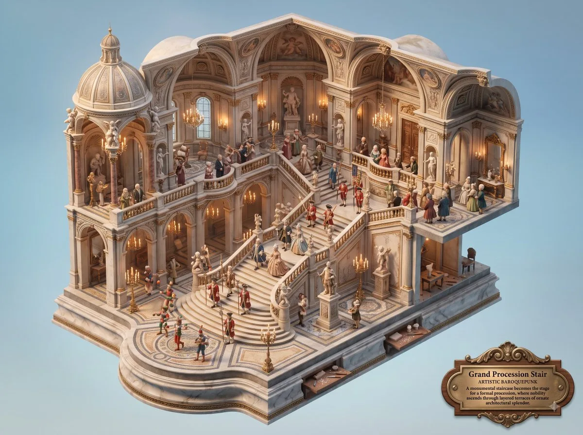 Miniature model of a grand staircase hall in baroquepunk style with a tiny procession.