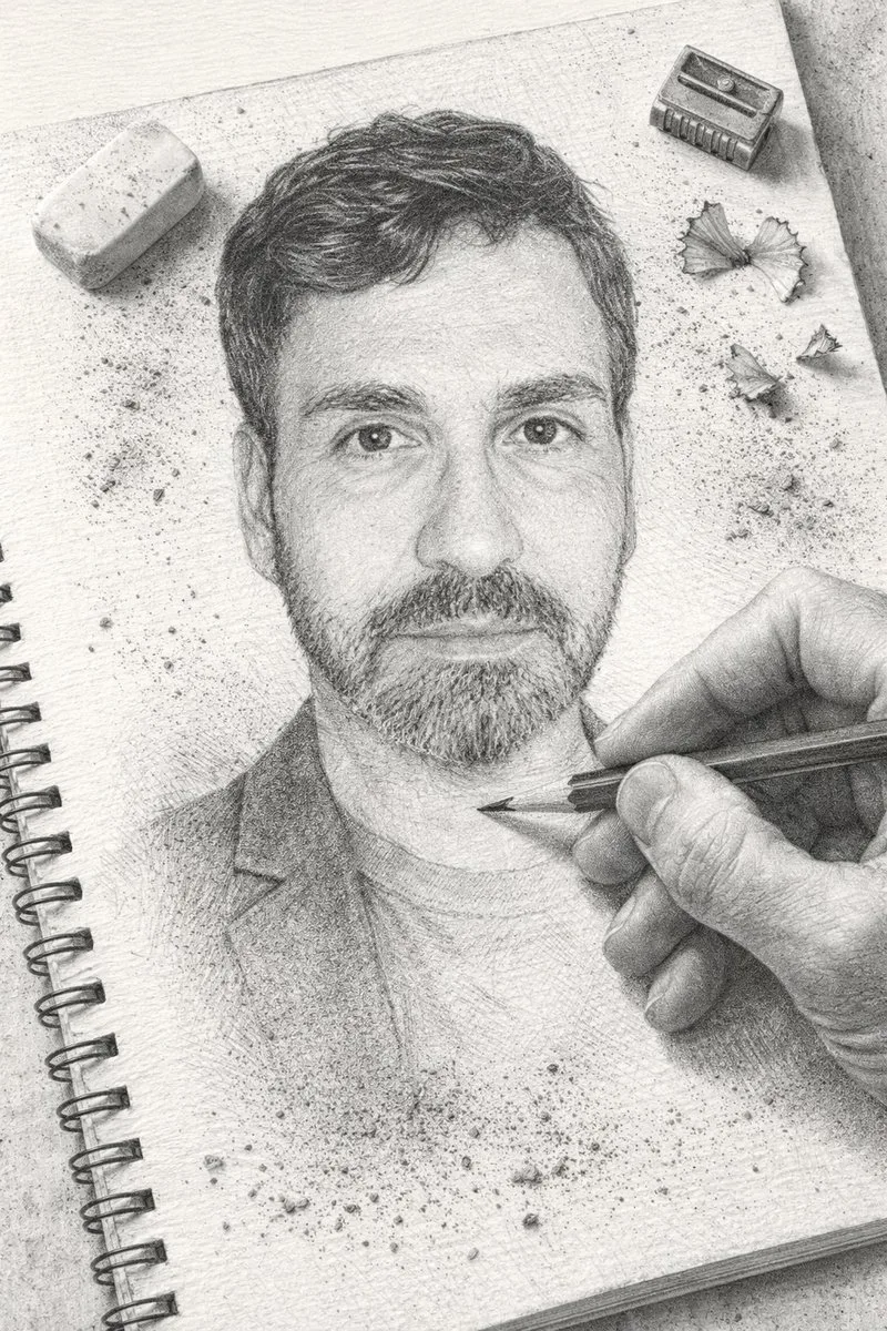 A hand drawing a detailed graphite sketch with pencil shavings and tools on textured paper.