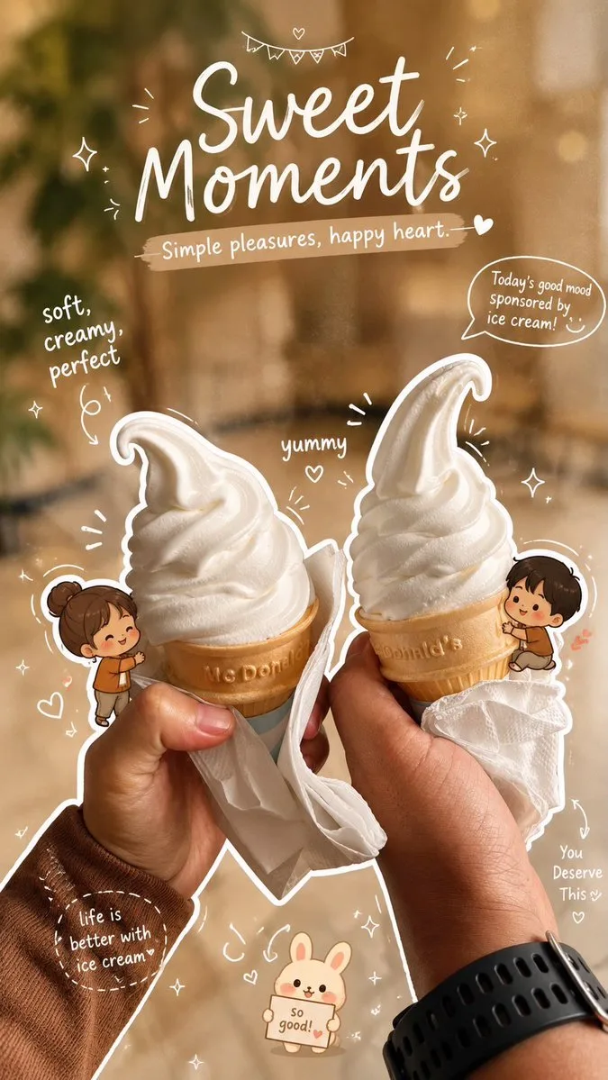 Aesthetic cafe photos of soft serve ice cream and iced coffee with cute doodle overlays.