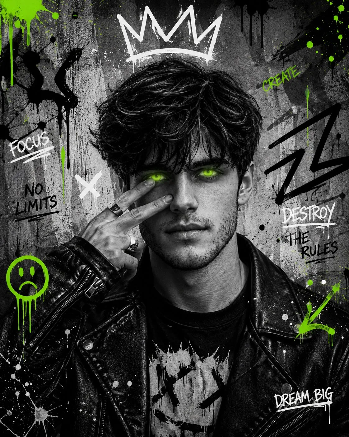 A bearded man with glowing neon green eyes against a graffiti-covered concrete wall.
