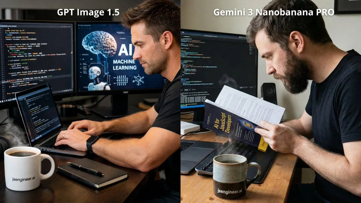 A JavaScript engineer coding artificial intelligence at his desk with a cup of coffee.