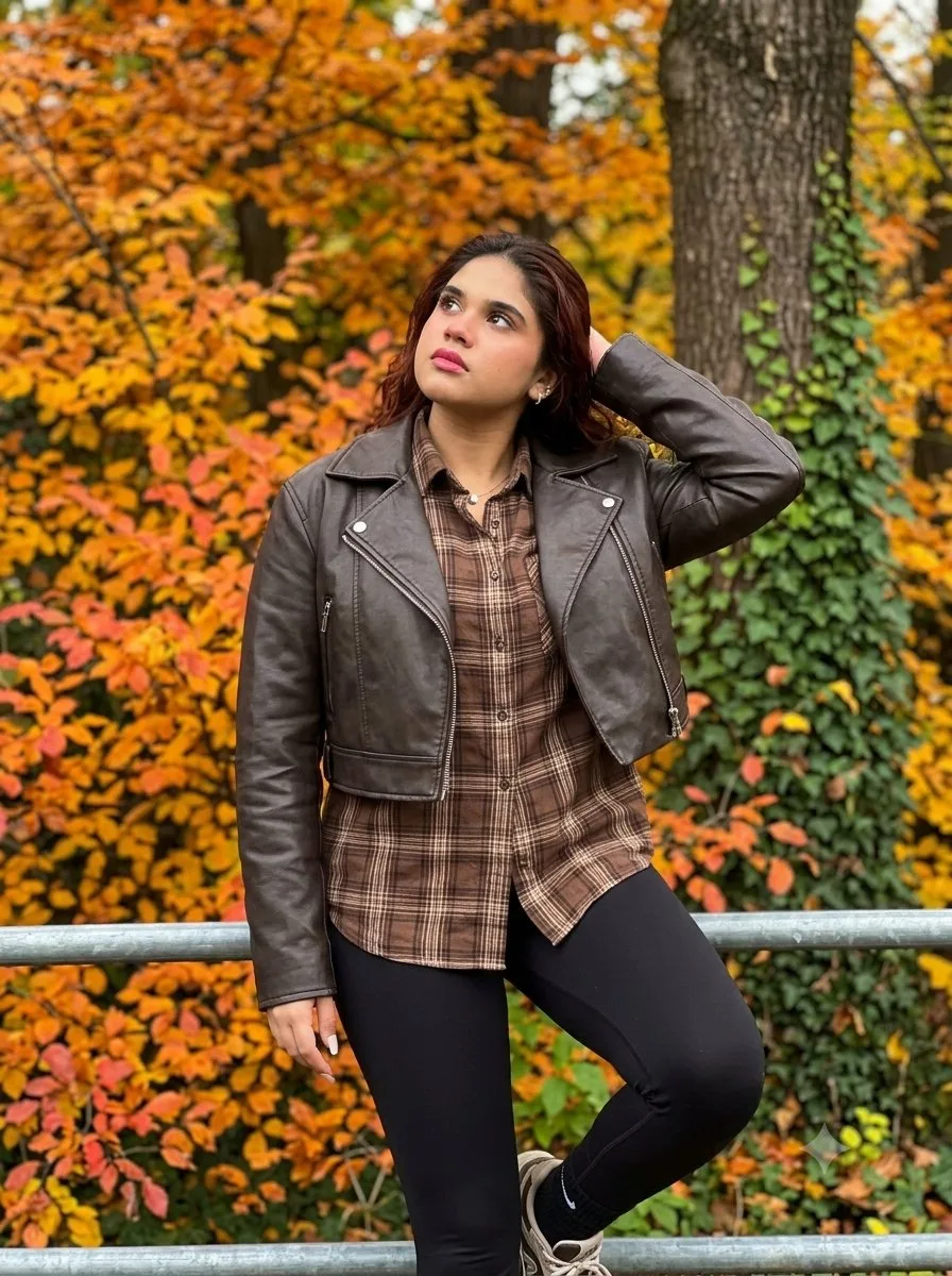 Woman in a leather jacket standing in front of colorful autumn leaves.