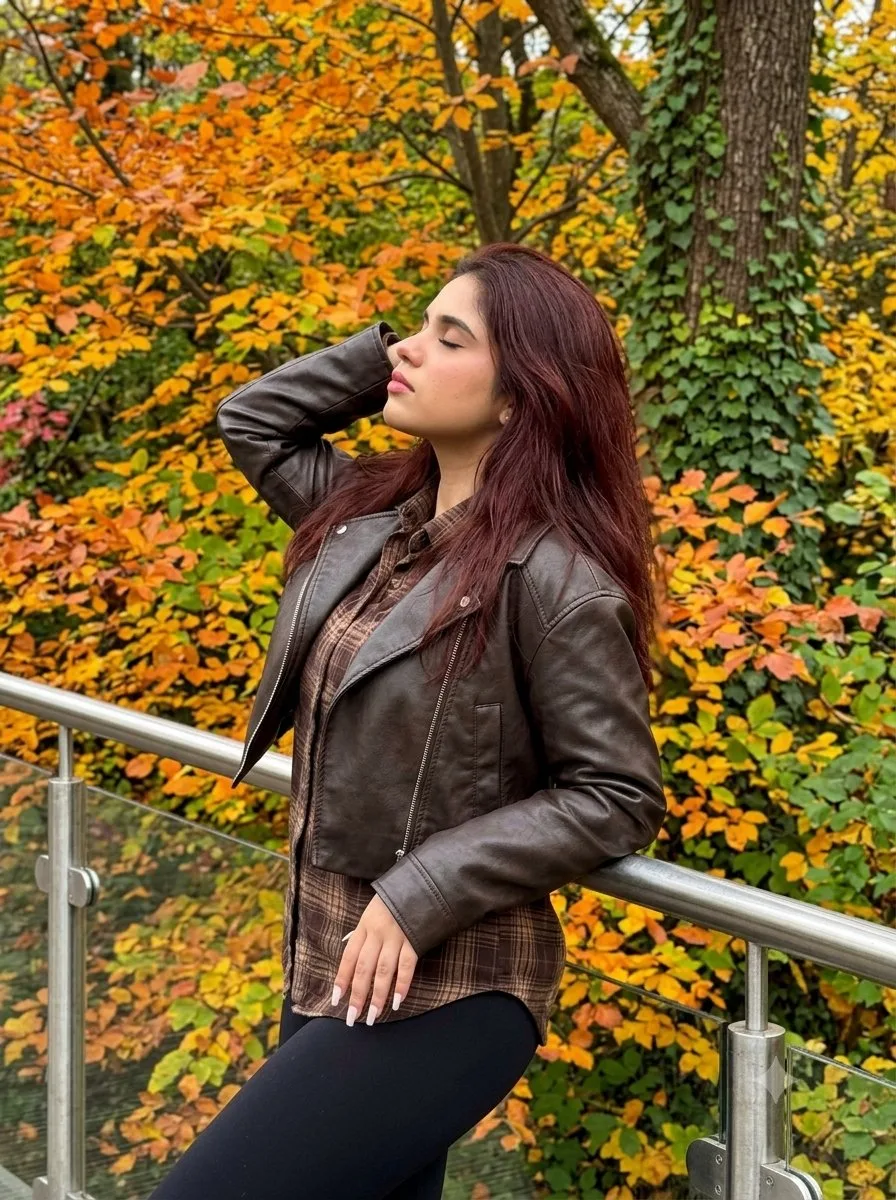 Woman in a leather jacket standing in front of colorful autumn leaves. (2)