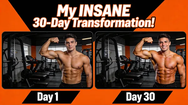 Split-screen comparison of a fitness transformation showing Day 1 versus Day 30 results.