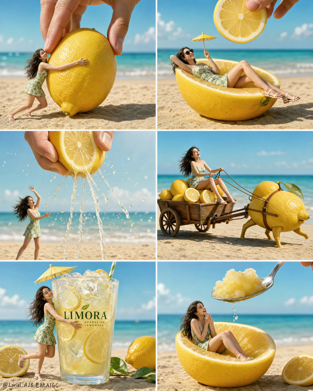 A six-panel advertising poster featuring a miniature woman interacting with giant lemons on a beach.