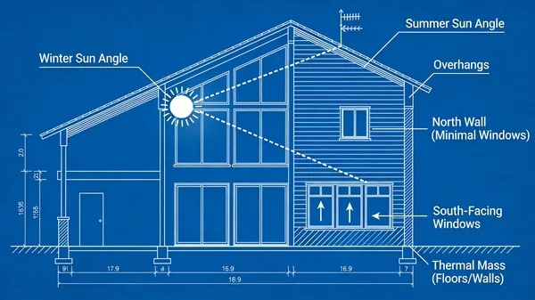 Architectural blueprint showing passive solar house design with sun angles and window overhangs.