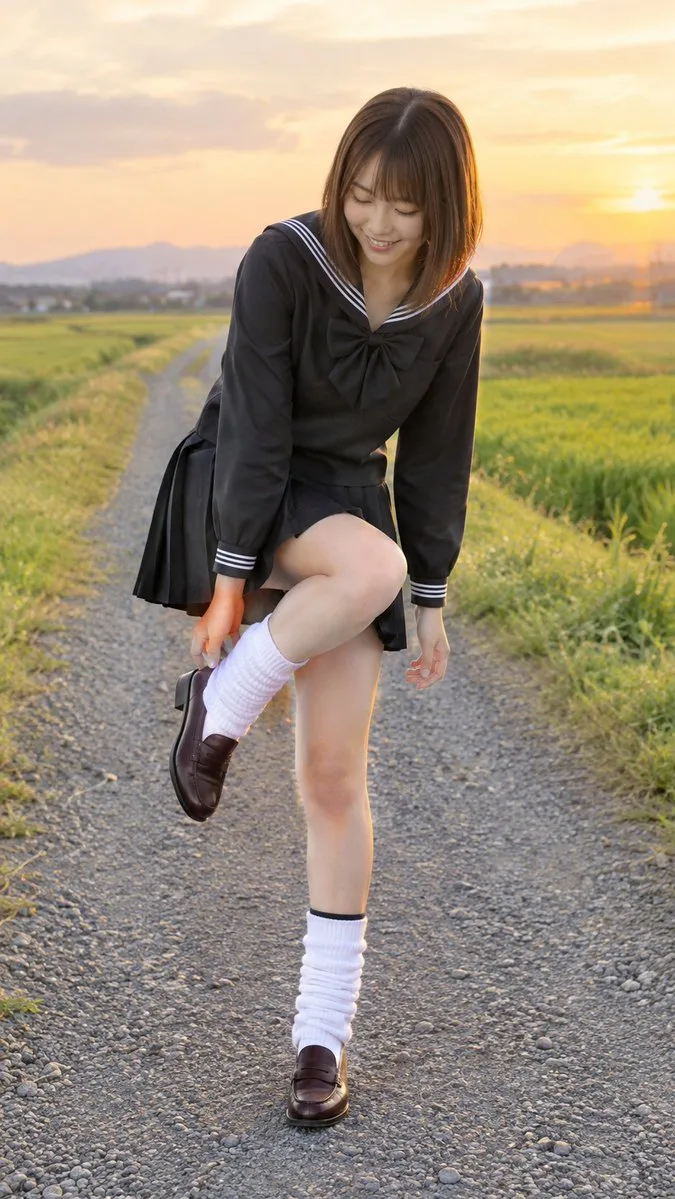 A smiling girl balances on one foot on a country road at dusk.