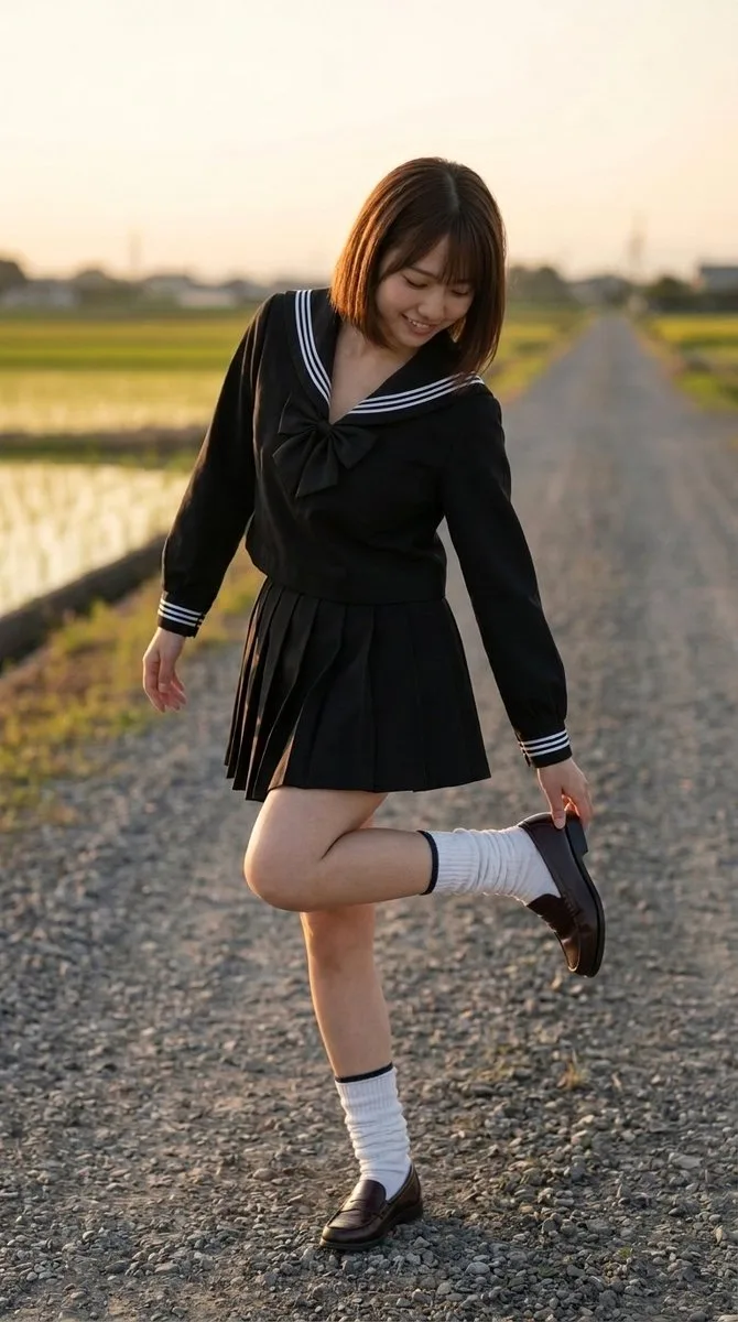 A smiling girl balances on one foot on a country road at dusk. (2)