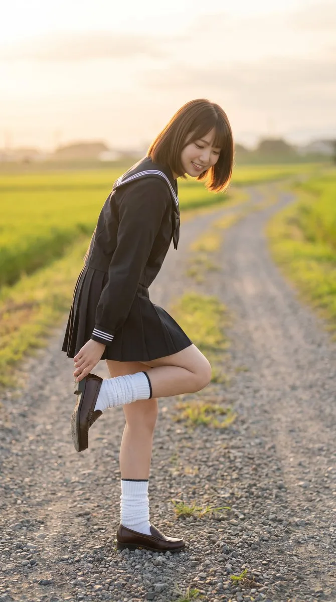 A smiling girl balances on one foot on a country road at dusk. (3)