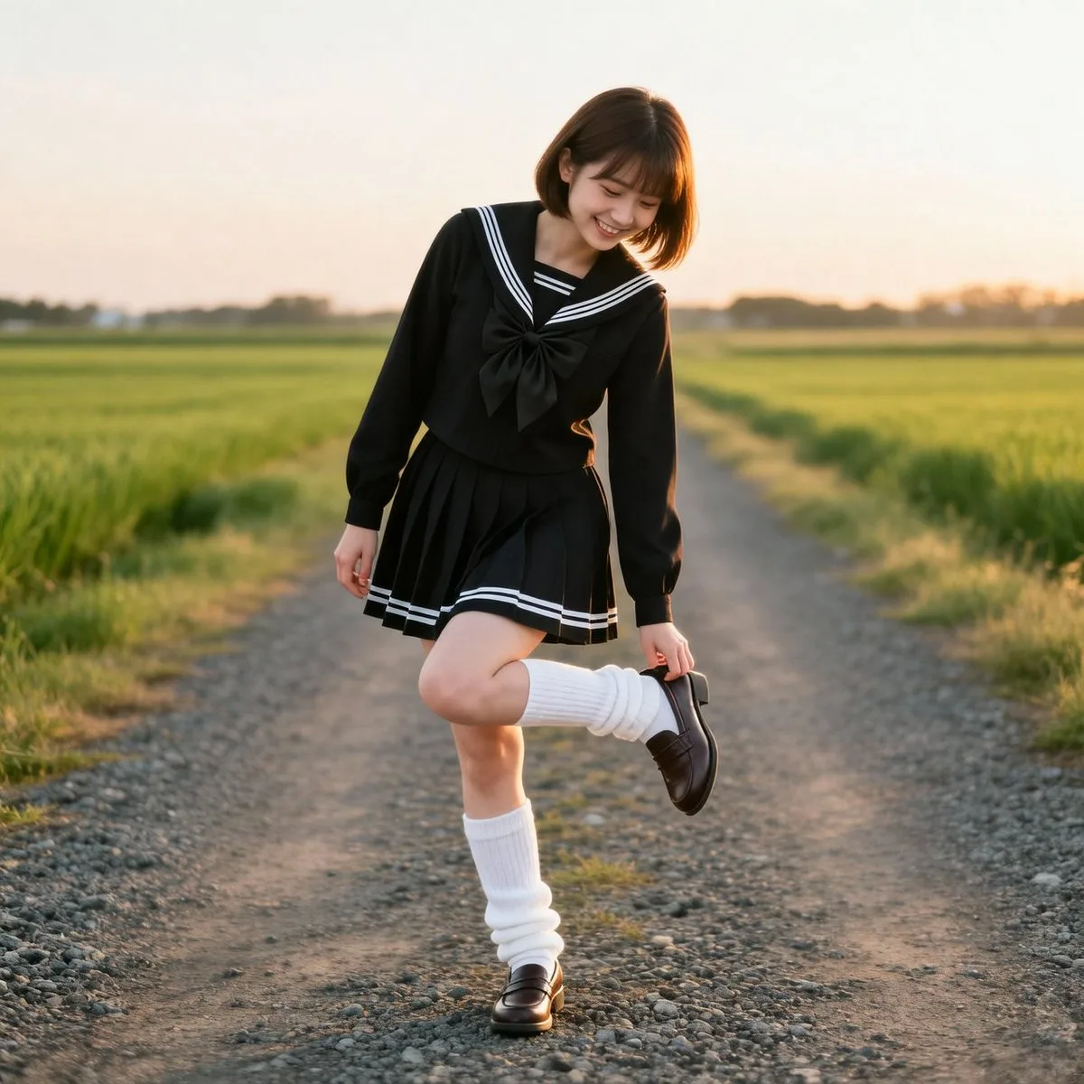 A smiling girl balances on one foot on a country road at dusk. (4)
