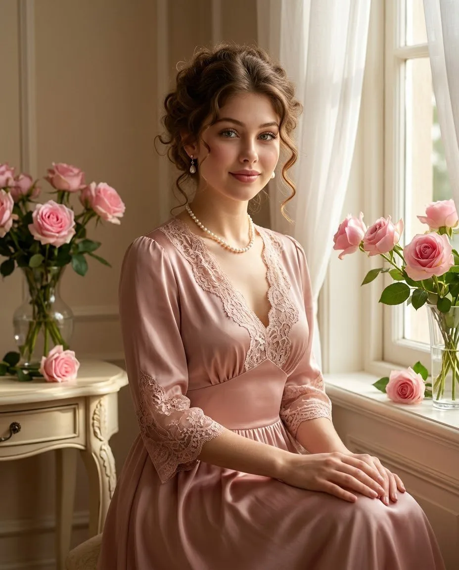 A woman in a blush pink satin dress sitting by a window with roses.