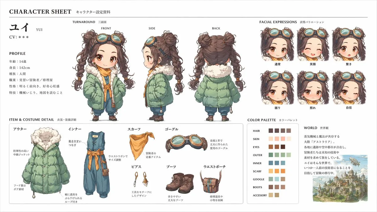 Professional character design reference sheet with multiple views and equipment details.