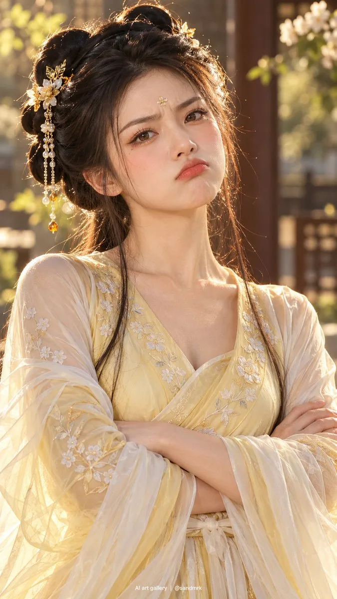 Portrait of a young East Asian woman in ancient Tang Dynasty Chinese clothing with a defiant expression.