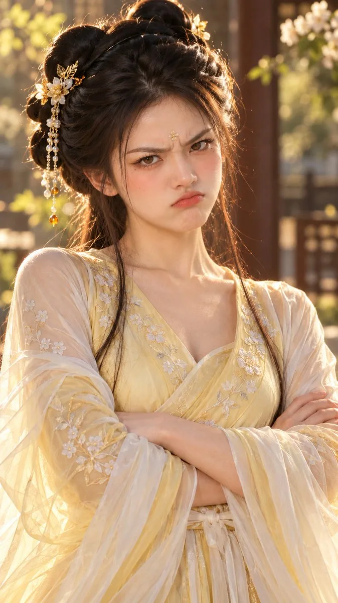 Portrait of a young East Asian woman in ancient Tang Dynasty Chinese clothing with a defiant expression. (2)