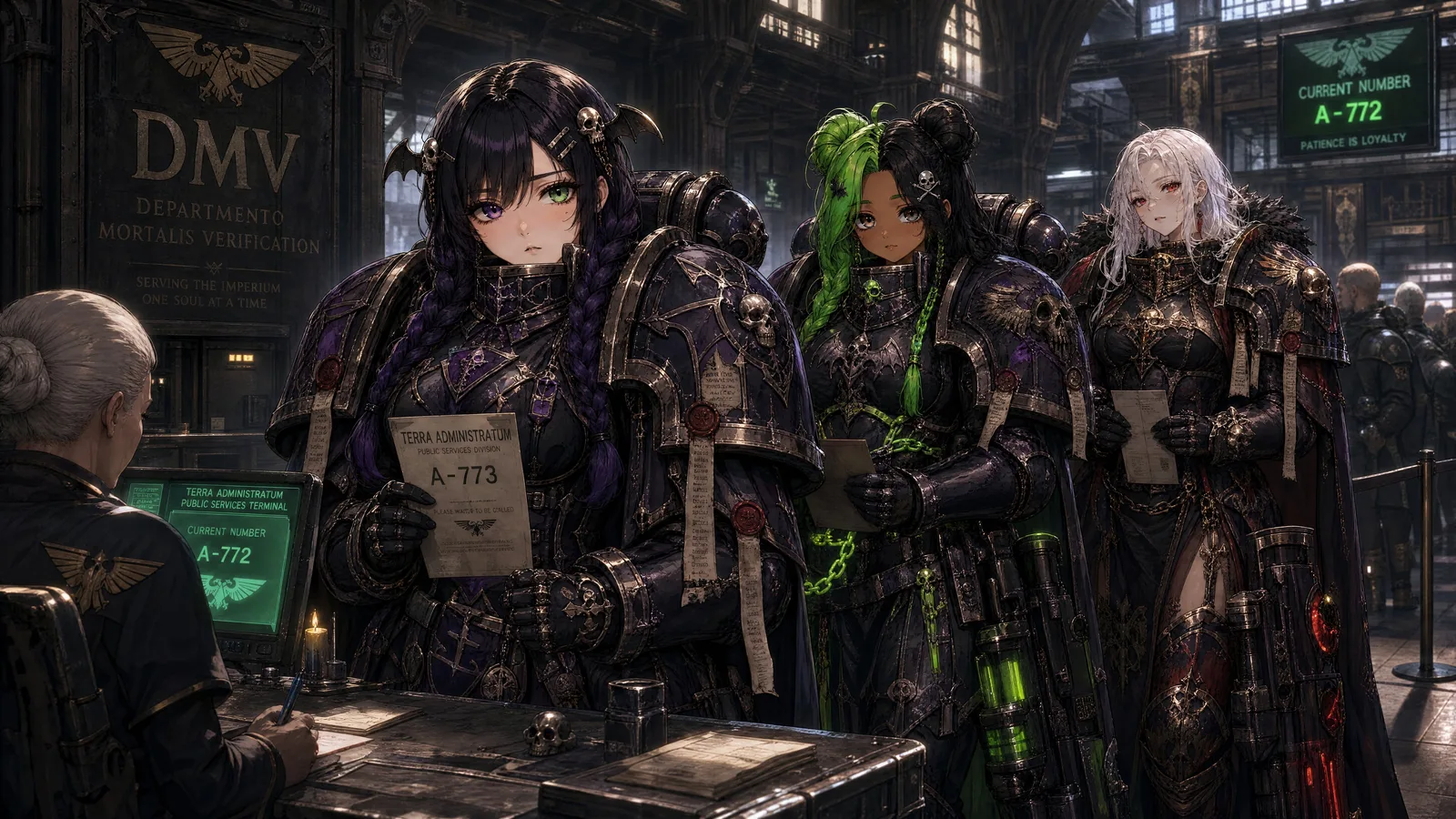 A squad of armored futuristic warriors inside a gothic cathedral.