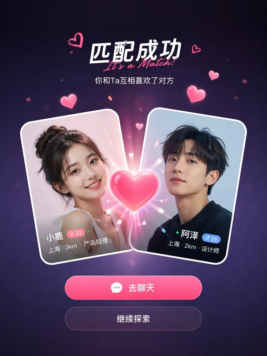 Social app match screen with colliding profile cards and heart effects