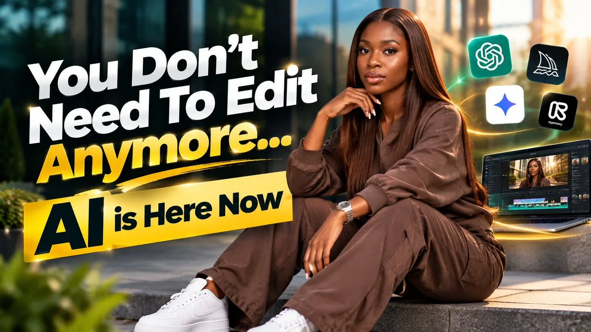 Bold cinematic text thumbnail about AI video editing