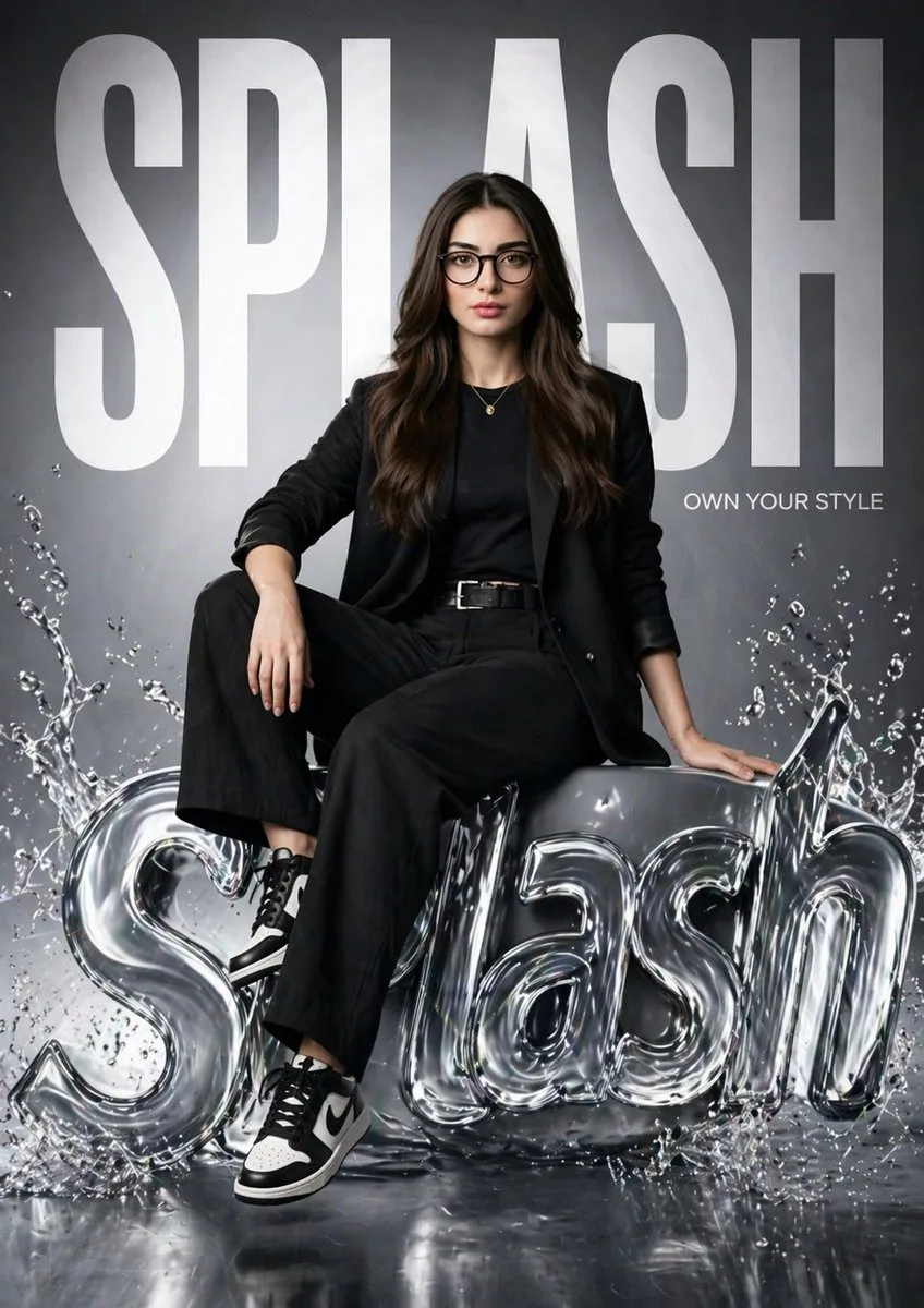 A fashion model in black streetwear posing on a liquid 3D logo for a brand campaign.