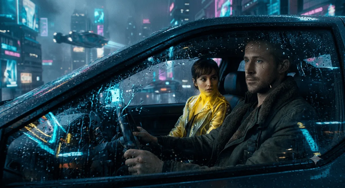 A cyberpunk detective sitting in a car with neon reflections and rain on the window.