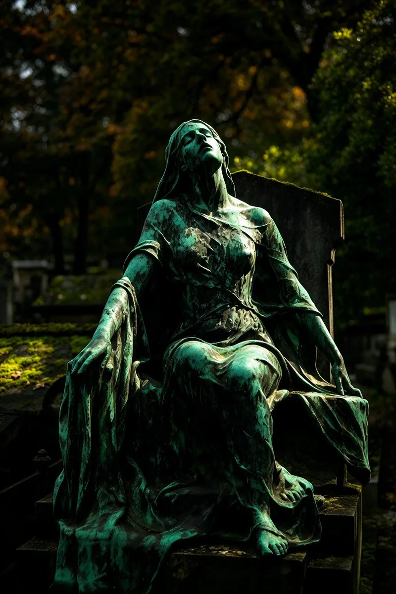 Weathered bronze statue of a veiled woman in a cemetery with autumn foliage.